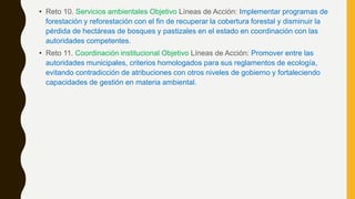 • Reto 10. Servicios ambientales Objetivo Líneas de Acción: Implementar programas de
forestación y reforestación con el fin de recuperar la cobertura forestal y disminuir la
pérdida de hectáreas de bosques y pastizales en el estado en coordinación con las
autoridades competentes.
• Reto 11. Coordinación institucional Objetivo Líneas de Acción: Promover entre las
autoridades municipales, criterios homologados para sus reglamentos de ecología,
evitando contradicción de atribuciones con otros niveles de gobierno y fortaleciendo
capacidades de gestión en materia ambiental.
 