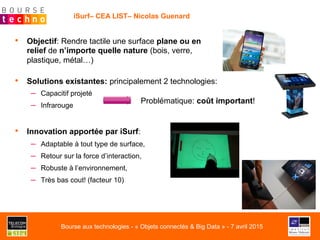 iSurf– CEA LIST– Nicolas Guenard
•  Solutions existantes: principalement 2 technologies:
–  Capacitif projeté
–  Infrarouge
•  Innovation apportée par iSurf:
–  Adaptable à tout type de surface,
–  Retour sur la force d’interaction,
–  Robuste à l’environnement,
–  Très bas cout! (facteur 10)
Problématique: coût important!
•  Objectif: Rendre tactile une surface plane ou en
relief de n’importe quelle nature (bois, verre,
plastique, métal…)
Bourse aux technologies - « Objets connectés & Big Data » - 7 avril 2015
 