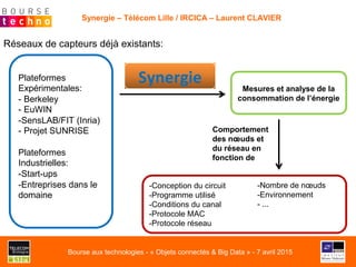 Synergie – Télécom Lille / IRCICA – Laurent CLAVIER
Plateformes
Expérimentales:
- Berkeley
- EuWIN
- SensLAB/FIT (Inria)
- Projet SUNRISE
Plateformes
Industrielles:
- Start-ups
- Entreprises dans le
domaine
Réseaux de capteurs déjà existants:
Synergie Mesures et analyse de la
consommation de l’énergie
Comportement
des nœuds et
du réseau en
fonction de
- Conception du circuit
- Programme utilisé
- Conditions du canal
- Protocole MAC
- Protocole réseau
- Nombre de nœuds
- Environnement
- ...
Bourse aux technologies - « Objets connectés & Big Data » - 7 avril 2015
 