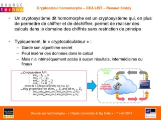 Cryptocalcul homomorphe – CEA LIST – Renaud Sirdey
•  Un cryptosystème dit homomorphe est un cryptosystème qui, en plus
de permettre de chiffrer et de déchiffrer, permet de réaliser des
calculs dans le domaine des chiffrés sans restriction de principe
•  Typiquement, le « cryptocalculateur » :
–  Garde son algorithme secret
–  Peut insérer des données dans le calcul
–  Mais n’a intrinsèquement accès à aucun résultats, intermédiaires ou
finaux
Cryptosystem API:
!   encpk : Z2 → Ω.
!   decsk : Ω → Z2.
!   addpk : Ω x Ω → Ω.
!   mulpk : Ω x Ω → Ω.
where Ω is a large cardinality set e.g. Zq
n.
Key properties: for all m1 ∈ Z2 and all m2 ∈ Z2
!   decsk(addpk(encpk(m1),encpk(m2))=m1 ⊕ m2).
!   decsk(mulpk(encpk(m1),encpk(m2))=m1 ⊗ m2.
Bourse aux technologies - « Objets connectés & Big Data » - 7 avril 2015
 