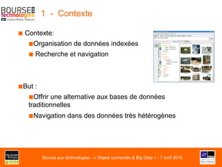 1 - Contexte
■ Contexte:
■ Organisation de données indexées
■ Recherche et navigation
■ But :
■ Offrir une alternative aux bases de données
traditionnelles
■ Navigation dans des données très hétérogènes
Bourse aux technologies - « Objets connectés & Big Data » - 7 avril 2015
 