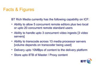 Facts & Figures

   BT Rich Media currently has the following capability on ICF:
   • Ability to allow 5 concurrent remote editors plus two local
     or upto 20 concurrent remote standard users
   • Ability to handle upto 3 concurrent video ingests [3 video
     servers]
   • Ability to transcode across 13 media processor servers
     [volume depends on transcoder being used]
   • Delivery upto 10MBps of content to the delivery platform
   • Store upto 8TB of Master / Proxy content
 
