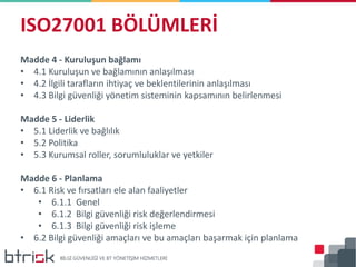 ISO27001 BÖLÜMLERİ
Madde 4 - Kuruluşun bağlamı
• 4.1 Kuruluşun ve bağlamının anlaşılması
• 4.2 İlgili tarafların ihtiyaç ve beklentilerinin anlaşılması
• 4.3 Bilgi güvenliği yönetim sisteminin kapsamının belirlenmesi
Madde 5 - Liderlik
• 5.1 Liderlik ve bağlılık
• 5.2 Politika
• 5.3 Kurumsal roller, sorumluluklar ve yetkiler
Madde 6 - Planlama
• 6.1 Risk ve fırsatları ele alan faaliyetler
• 6.1.1 Genel
• 6.1.2 Bilgi güvenliği risk değerlendirmesi
• 6.1.3 Bilgi güvenliği risk işleme
• 6.2 Bilgi güvenliği amaçları ve bu amaçları başarmak için planlama
 
