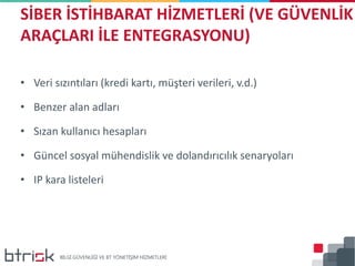 • Veri sızıntıları (kredi kartı, müşteri verileri, v.d.)
• Benzer alan adları
• Sızan kullanıcı hesapları
• Güncel sosyal mühendislik ve dolandırıcılık senaryoları
• IP kara listeleri
SİBER İSTİHBARAT HİZMETLERİ (VE GÜVENLİK
ARAÇLARI İLE ENTEGRASYONU)
 