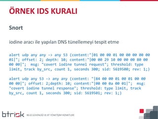Snort
iodine aracı ile yapılan DNS tünellemeyi tespit etme
alert udp any any -> any 53 (content:"|01 00 00 01 00 00 00 00 00
01|"; offset: 2; depth: 10; content:"|00 00 29 10 00 00 00 80 00
00 00|"; msg: "covert iodine tunnel request"; threshold: type
limit, track by_src, count 1, seconds 300; sid: 5619500; rev: 1;)
alert udp any 53 -> any any (content: "|84 00 00 01 00 01 00 00
00 00|"; offset: 2;depth: 10; content:"|00 00 0a 00 01|"; msg:
"covert iodine tunnel response"; threshold: type limit, track
by_src, count 1, seconds 300; sid: 5619501; rev: 1;)
ÖRNEK IDS KURALI
 