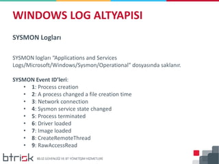 SYSMON Logları
SYSMON logları “Applications and Services
Logs/Microsoft/Windows/Sysmon/Operational” dosyasında saklanır.
SYSMON Event ID’leri:
• 1: Process creation
• 2: A process changed a file creation time
• 3: Network connection
• 4: Sysmon service state changed
• 5: Process terminated
• 6: Driver loaded
• 7: Image loaded
• 8: CreateRemoteThread
• 9: RawAccessRead
WINDOWS LOG ALTYAPISI
 