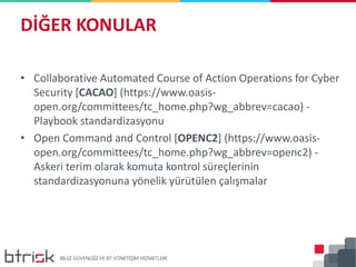 • Collaborative Automated Course of Action Operations for Cyber
Security [CACAO] (https://www.oasis-
open.org/committees/tc_home.php?wg_abbrev=cacao) -
Playbook standardizasyonu
• Open Command and Control [OPENC2] (https://www.oasis-
open.org/committees/tc_home.php?wg_abbrev=openc2) -
Askeri terim olarak komuta kontrol süreçlerinin
standardizasyonuna yönelik yürütülen çalışmalar
DİĞER KONULAR
 