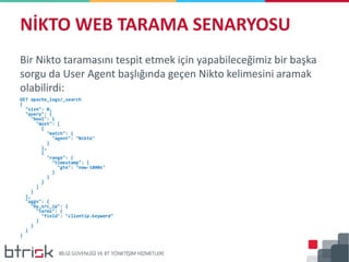 Bir Nikto taramasını tespit etmek için yapabileceğimiz bir başka
sorgu da User Agent başlığında geçen Nikto kelimesini aramak
olabilirdi:
GET apache_logs/_search
{
"size": 0,
"query": {
"bool": {
"must": [
{
"match": {
"agent": "Nikto"
}
},
{
"range": {
"timestamp": {
"gte": "now-1800s"
}
}
}
]
}
},
"aggs": {
"by_src_ip": {
"terms": {
"field": "clientip.keyword"
}
}
}
}
NİKTO WEB TARAMA SENARYOSU
 