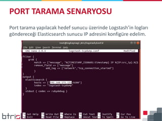 Port tarama yapılacak hedef sunucu üzerinde Logstash’in logları
göndereceği Elasticsearch sunucu IP adresini konfigüre edelim.
PORT TARAMA SENARYOSU
 