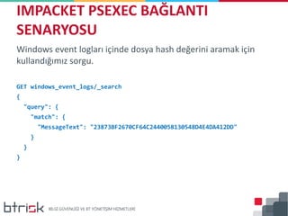 Windows event logları içinde dosya hash değerini aramak için
kullandığımız sorgu.
GET windows_event_logs/_search
{
"query": {
"match": {
"MessageText": "23873BF2670CF64C2440058130548D4E4DA412DD"
}
}
}
IMPACKET PSEXEC BAĞLANTI
SENARYOSU
 