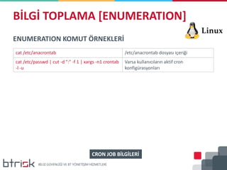 BİLGİ TOPLAMA [ENUMERATION]
ENUMERATION KOMUT ÖRNEKLERİ
cat /etc/anacrontab /etc/anacrontab dosyası içeriği
cat /etc/passwd | cut -d ":" -f 1 | xargs -n1 crontab
-l -u
Varsa kullanıcıların aktif cron
konfigürasyonları
CRON JOB BİLGİLERİ
 