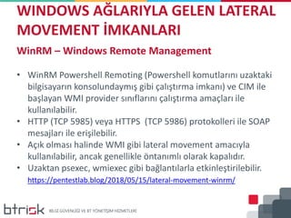 WINDOWS AĞLARIYLA GELEN LATERAL
MOVEMENT İMKANLARI
WinRM – Windows Remote Management
• WinRM Powershell Remoting (Powershell komutlarını uzaktaki
bilgisayarın konsolundaymış gibi çalıştırma imkanı) ve CIM ile
başlayan WMI provider sınıflarını çalıştırma amaçları ile
kullanılabilir.
• HTTP (TCP 5985) veya HTTPS (TCP 5986) protokolleri ile SOAP
mesajları ile erişilebilir.
• Açık olması halinde WMI gibi lateral movement amacıyla
kullanılabilir, ancak genellikle öntanımlı olarak kapalıdır.
• Uzaktan psexec, wmiexec gibi bağlantılarla etkinleştirilebilir.
https://pentestlab.blog/2018/05/15/lateral-movement-winrm/
 