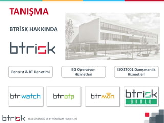 BTRİSK HAKKINDA
TANIŞMA
Pentest & BT Denetimi
ISO27001 Danışmanlık
Hizmetleri
BG Operasyon
Hizmetleri
 