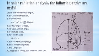 Let us first define below angles,
1. ɸl=Latitude of location,
2. δ=Declination,
δ = 23.45 sin [
360
365
(284+n)]
3. ω=Hour angle, S=slope,
4. γs=Solar Azimuth angle,
5. α=Altitude angle,
6. θz= Zenith angle
Θz=
𝜋
2
- α
7. Surface Azimuth angle (γ)
8. Solar Incident angle (θ)
9. Day Length (td)
10. Local Solar time (Local Apparent time) LAT
21-06-2021
2
Dr. Ramesh B T
 