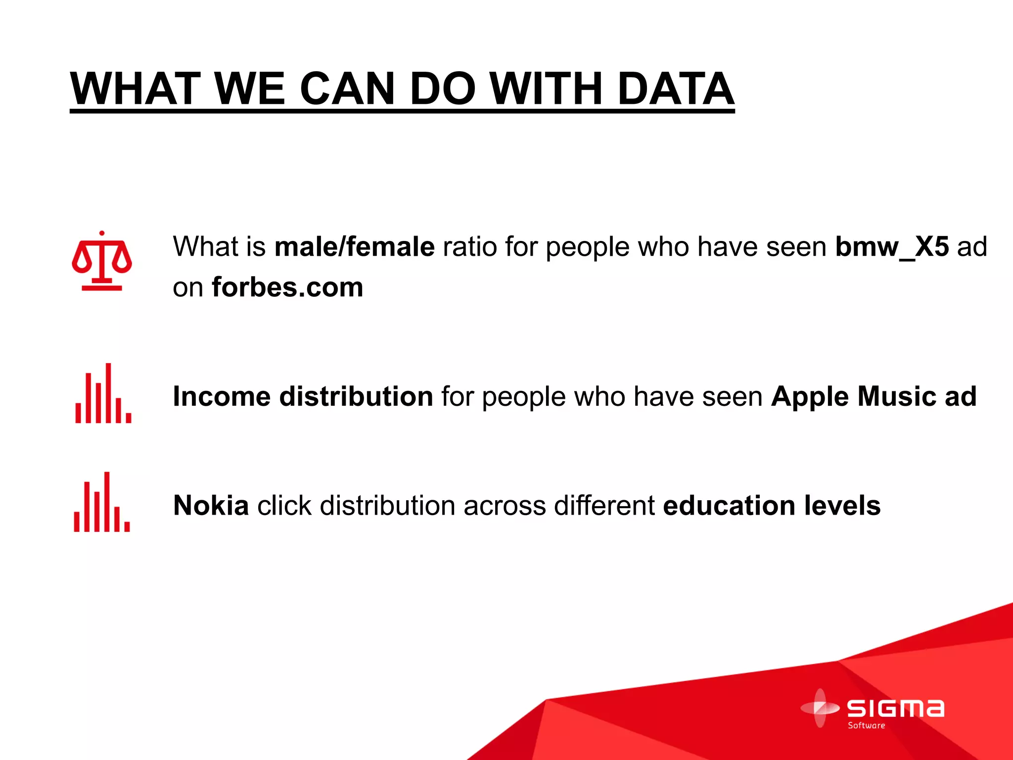 WHAT WE CAN DO WITH DATA
What is male/female ratio for people who have seen bmw_X5 ad
on forbes.com
Income distribution for people who have seen Apple Music ad
Nokia click distribution across different education levels
 