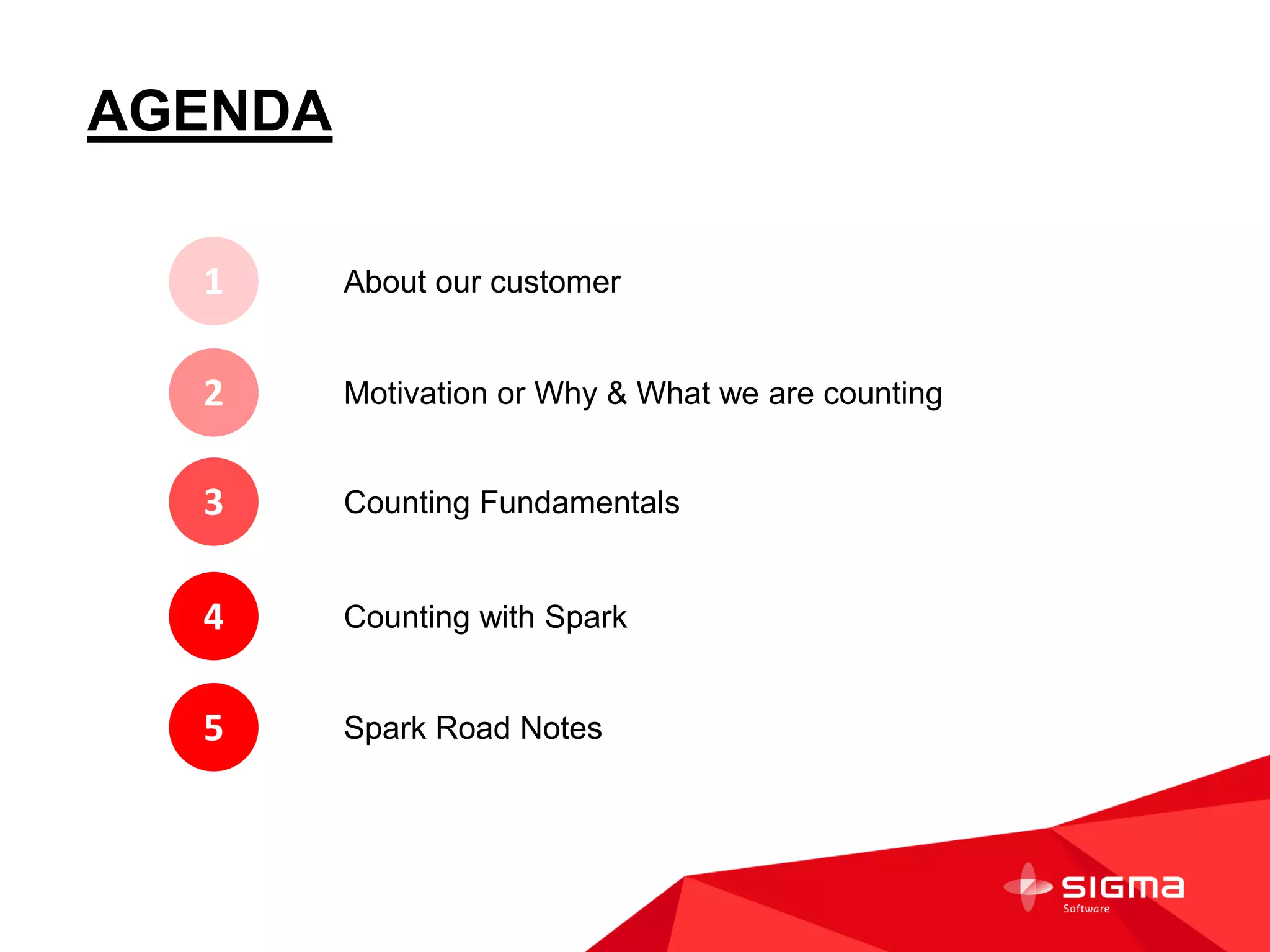 AGENDA
About our customer1
Motivation or Why & What we are counting2
Counting Fundamentals3
Counting with Spark4
Spark Road Notes5
 