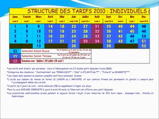 *Les tarifs sont établis  par personne , Cure et hébergement en 1/2 double petit déjeuner inclus (B&B) *Catégories des chambres : "Continentales" aux TERRASSES** ; "Club" à ATLANTHAL*** ; "Tribord" au BIARRITZ*** .  *Les repas demi-pension ou pension compléte sont hors entendus  boisson *L'accés aux bassins de remise en forme LE LAGON ou L'ARCHIPEL et aux centres fitness est permanent et gratuit y compris pour l'accompagnant même non curiste *A partir de 3 jours de cure : visite médicale 25€ en supplément à régler sur place *Pour la cure OCEANE SERENITE 6 jours 6 nuits 18 soins, la 7éme nuit est offerte avec petit déjeuner  *Les prestations additionnelles prises pendant le séjours feront l'objet d'une réduction de 15% hors repas , massages kiné , Shiatsu et Sophrologie 
