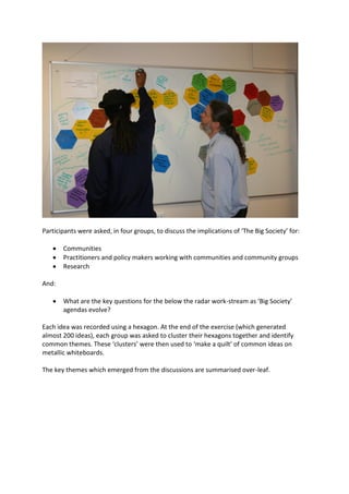 Participants were asked, in four groups, to discuss the implications of ‘The Big Society’ for:

       Communities
       Practitioners and policy makers working with communities and community groups
       Research

And:

       What are the key questions for the below the radar work-stream as ‘Big Society’
       agendas evolve?

Each idea was recorded using a hexagon. At the end of the exercise (which generated
almost 200 ideas), each group was asked to cluster their hexagons together and identify
common themes. These ‘clusters’ were then used to ‘make a quilt’ of common ideas on
metallic whiteboards.

The key themes which emerged from the discussions are summarised over-leaf.
 
