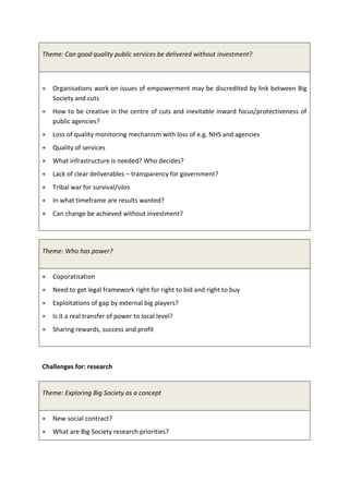 Theme: Can good quality public services be delivered without investment?



   Organisations work on issues of empowerment may be discredited by link between Big
   Society and cuts
   How to be creative in the centre of cuts and inevitable inward focus/protectiveness of
   public agencies?
   Loss of quality monitoring mechanism with loss of e.g. NHS and agencies
   Quality of services
   What infrastructure is needed? Who decides?
   Lack of clear deliverables – transparency for government?
   Tribal war for survival/silos
   In what timeframe are results wanted?
   Can change be achieved without investment?




Theme: Who has power?


   Coporatisation
   Need to get legal framework right for right to bid and right to buy
   Exploitations of gap by external big players?
   Is it a real transfer of power to local level?
   Sharing rewards, success and profit




Challenges for: research


Theme: Exploring Big Society as a concept


   New social contract?
   What are Big Society research priorities?
 
