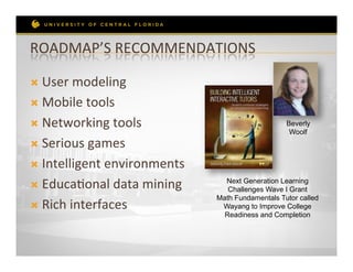 ROADMAP’S	
  RECOMMENDATIONS	
  

Ò  User	
  modeling	
  

Ò  Mobile	
  tools	
  

Ò  Networking	
  tools	
                                  Beverly
                                                            Woolf
Ò  Serious	
  games	
  

Ò  Intelligent	
  environments	
  

Ò  EducaRonal	
  data	
  mining	
  
                                         Next Generation Learning
                                          Challenges Wave I Grant
                                       Math Fundamentals Tutor called
Ò  Rich	
  interfaces	
  	
            Wayang to Improve College
                                         Readiness and Completion
	
  
	
  
 
