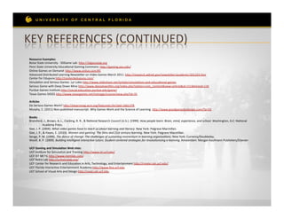 KEY	
  REFERENCES	
  (CONTINUED)	
  
 Resource	
  Examples:	
  
 Boise	
  State	
  University	
  -­‐	
  3DGame	
  Lab:	
  hep://3dgamelab.org	
  
 Penn	
  State	
  University	
  EducaRonal	
  Gaming	
  Commons:	
  hep://gaming.psu.edu/	
  
 Online	
  Games	
  on	
  Demand:	
  hep://www.onlive.com/#5	
  
 Advanced	
  Distributed	
  Learning	
  Newsleeer	
  on	
  Video	
  Games	
  March	
  2011:	
  hep://research.adlnet.gov/newsleeer/academic/201103.htm	
  
 Center	
  for	
  Edupunx	
  hep://center4edupunx.com/	
  
 SimulaRon	
  and	
  Serious	
  Games-­‐	
  Lyr	
  Lobo	
  hep://www.slideshare.net/lyrlobo/simulaRons-­‐and-­‐educaRonal-­‐games	
  
 Serious	
  Game	
  with	
  Deep	
  Down	
  Mine	
  hep://www.deepdownﬁlm.org/index.php?opRon=com_content&view=arRcle&id=151&Itemid=130	
  
 Purdue	
  Games	
  InsRtute	
  hep://social.educaRon.purdue.edu/game/	
  
 Texas	
  Games	
  SIGGS	
  hep://www.texasgames.net/istesiggs/course/view.php?id=35	
  
 	
  
 Ar7cles	
  
 Do	
  Serious	
  Games	
  Work?	
  hep://elearnmag.acm.org/featured.cfm?aid=1661378	
  
 Murphy,	
  C.	
  (2011)	
  Non-­‐published	
  manuscript.	
  Why	
  Games	
  Work	
  and	
  the	
  Science	
  of	
  Learning.	
  hep://www.goodgamesbydesign.com/?p=59	
  	
  
 	
  	
  
 Books	
  
 Bransford,	
  J.,	
  Brown,	
  A.	
  L.,	
  Cocking,	
  R.	
  R.,	
  &	
  NaRonal	
  Research	
  Council	
  (U.S.).	
  (1999).	
  How	
  people	
  learn:	
  Brain,	
  mind,	
  experience,	
  and	
  school.	
  Washington,	
  D.C:	
  NaRonal	
  
                   	
  Academy	
  Press.	
  
 Gee,	
  J.	
  P.	
  (2004).	
  What	
  video	
  games	
  have	
  to	
  teach	
  us	
  about	
  learning	
  and	
  literacy.	
  New	
  York:	
  Palgrave	
  Macmillan.	
  
 Gee,	
  J.	
  P.,	
  &	
  Hayes,	
  E.	
  (2010).	
  Women	
  and	
  gaming:	
  The	
  Sims	
  and	
  21st	
  century	
  learning.	
  New	
  York:	
  Palgrave	
  Macmillan.	
  
 Senge,	
  P.	
  M.	
  (1999).	
  The	
  dance	
  of	
  change:	
  The	
  challenges	
  of	
  sustaining	
  momentum	
  in	
  learning	
  organiza#ons.	
  New	
  York:	
  Currency/Doubleday.	
  
 Woolf,	
  B.	
  P.	
  (2009).	
  Building	
  intelligent	
  interac#ve	
  tutors:	
  Student-­‐centered	
  strategies	
  for	
  revolu#onizing	
  e-­‐learning.	
  Amsterdam:	
  Morgan	
  Kaufmann	
  Publishers/Elsevier.	
  
 	
  
 UCF	
  Gaming	
  and	
  Simula7on	
  Web	
  sites:	
  	
  
 UCF	
  InsRtute	
  for	
  SimulaRon	
  and	
  Training	
  hep://www.ist.ucf.edu/	
  
 UCF	
  IST	
  METIL	
  hep://www.meRllab.com/	
  
 UCF	
  Retro	
  Lab	
  hep://ucfretrolab.org/	
  
 UCF	
  Center	
  for	
  Research	
  and	
  EducaRon	
  in	
  Arts,	
  Technology,	
  and	
  Entertainment	
  hep://create.cah.ucf.edu/	
  
 UCF	
  Florida	
  InteracRve	
  Entertainment	
  Academy	
  hep://www.ﬁea.ucf.edu	
  
 UCF	
  School	
  of	
  Visual	
  Arts	
  and	
  Design	
  hep://svad.cah.ucf.edu	
  
 	
  	
  
 	
  	
  
 	
  	
  
 	
  	
  
 	
  
 