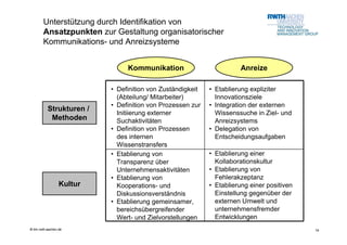 Unterstützung durch Identifikation von
        Ansatzpunkten zur Gestaltung organisatorischer
        Kommunikations- und Anreizsysteme


                                Kommunikation                         Anreize

                           • Definition von Zuständigkeit   • Etablierung expliziter
                             (Abteilung/ Mitarbeiter)         Innovationsziele
                           • Definition von Prozessen zur   • Integration der externen
           Strukturen /
                             Initiierung externer             Wissenssuche in Ziel- und
            Methoden         Suchaktivitäten                  Anreizsystems
                           • Definition von Prozessen       • Delegation von
                             des internen                     Entscheidungsaufgaben
                             Wissenstransfers
                           • Etablierung von                • Etablierung einer
                             Transparenz über                 Kollaborationskultur
                             Unternehmensaktivitäten        • Etablierung von
                           • Etablierung von                  Fehlerakzeptanz
                  Kultur     Kooperations- und              • Etablierung einer positiven
                             Diskussionsverständnis           Einstellung gegenüber der
                           • Etablierung gemeinsamer,         externen Umwelt und
                             bereichsübergreifender           unternehmensfremder
                             Wert- und Zielvorstellungen      Entwicklungen
© tim.rwth-aachen.de                                                                        18
 