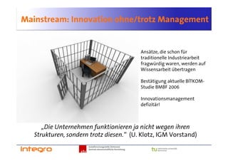 Mainstream: Innovation ohne/trotz Management


                                                               Ansätze, die schon für
                                                               traditionelle Industriearbeit
                                                               fragwürdig waren, werden auf
                                                               Wissensarbeit übertragen

                                                               Bestätigung aktuelle BÍTKOM-
                                                               Studie BMBF 2006

                                                               Innovationsmanagement
                                                               defizitär!



      „Die Unternehmen funktionieren ja nicht wegen ihren
   Strukturen, sondern trotz diesen.“ (U. Klotz, IGM Vorstand)
                      Sozialforschungsstelle Dortmund
                      Zentrale wissenschaftliche Einrichtung
 