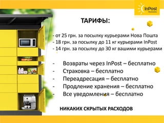 СОВЕТ
Возвраты, страховка ценностей, хранения
товара должны быть бесплатные или очень
дешёвые.
Договаривайтесь с вашей службой доставки и не
несите лишних расходов.
ТАРИФЫ:
- от 25 грн. за посылку курьерами Нова Пошта
- 18 грн. за посылку до 11 кг курьерами InPost
- 14 грн. за посылку до 30 кг вашими курьерами
- Возвраты через InPost – бесплатно
- Страховка – бесплатно
- Переадресация – бесплатно
- Продление хранения – бесплатно
- Все уведомления – бесплатно
НИКАКИХ СКРЫТЫХ РАСХОДОВ
 