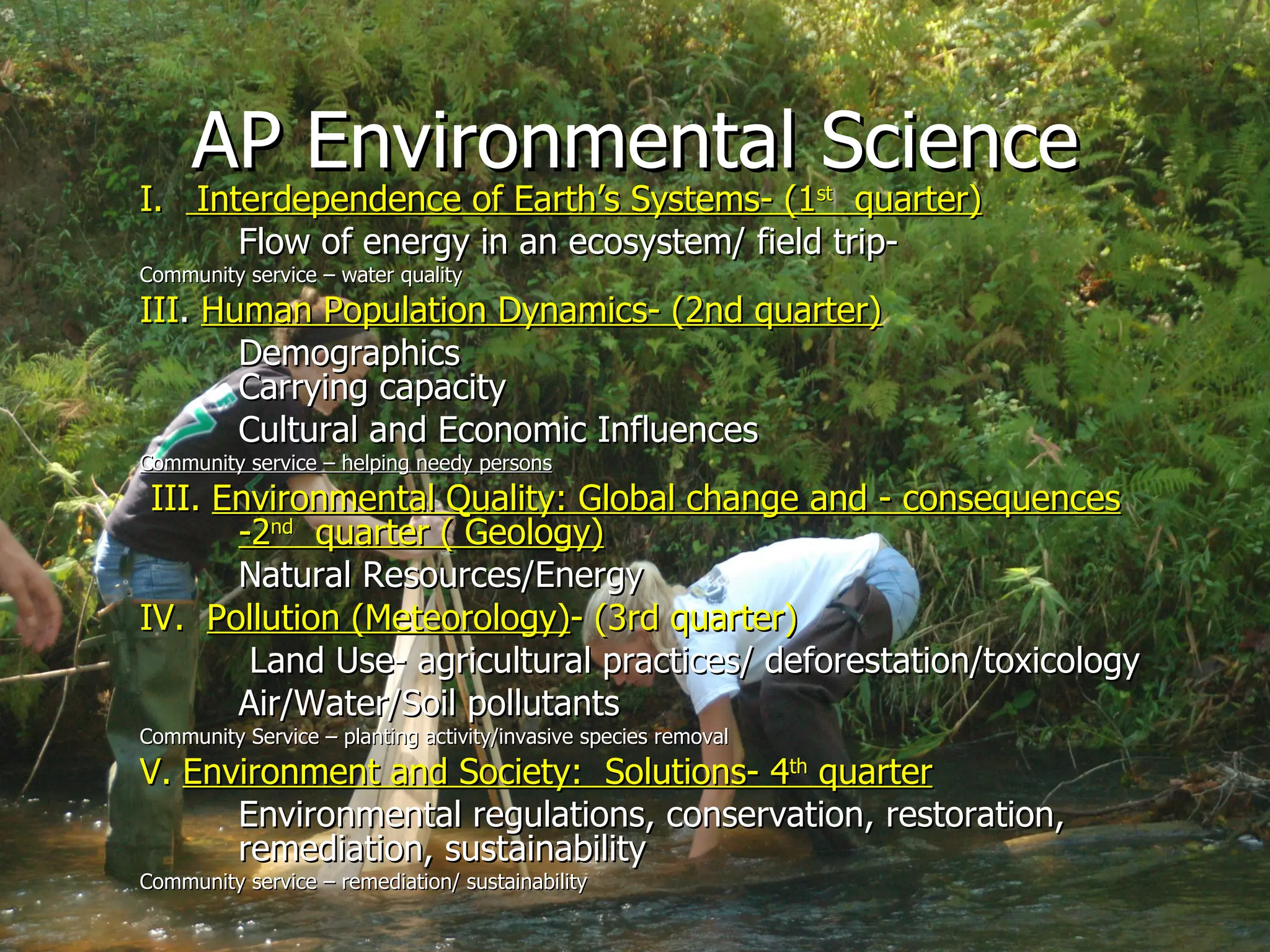 AP Environmental Science I.  Interdependence of Earth’s Systems- (1 st   quarter) Flow of energy in an ecosystem/ field trip- Community service – water quality III .  Human Population Dynamics- (2nd quarter) Demographics Carrying capacity Cultural and Economic Influences Community service – helping needy persons III.  Environmental Quality: Global change and - consequences -2 nd   quarter ( Geology) Natural Resources/Energy   IV.   Pollution (Meteorology) - (3rd quarter)   Land Use- agricultural practices/ deforestation/toxicology Air/Water/Soil pollutants Community Service – planting activity/invasive species removal V.   Environment and Society:  Solutions- 4 th  quarter Environmental regulations, conservation, restoration, remediation, sustainability Community service – remediation/ sustainability 