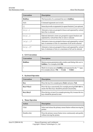 BTS3900
Site Maintenance Guide                                                                               About This Document


                        Convention                      Description

                        Boldface                        The keywords of a command line are in boldface.

                        Italic                          Command arguments are in italic.

                        []                              Items (keywords or arguments) in square brackets [ ] are optional.

                        {x | y | ...}                   Alternative items are grouped in braces and separated by vertical
                                                        bars.One is selected.

                        [ x | y | ... ]                 Optional alternative items are grouped in square brackets and
                                                        separated by vertical bars.One or none is selected.

                        { x | y | ... } *               Alternative items are grouped in braces and separated by vertical
                                                        bars.A minimum of one or a maximum of all can be selected.

                        [ x | y | ... ] *               Alternative items are grouped in braces and separated by vertical
                                                        bars.A minimum of zero or a maximum of all can be selected.


                    4. GUI Conventions

                        Convention                      Description

                        Boldface                        Buttons,menus,parameters,tabs,window,and dialog titles are in
                                                        boldface. For example,click OK.

                        >                               Multi-level menus are in boldface and separated by the ">" signs.
                                                        For example,choose File > Create > Folder .


                    5. Keyboard Operation

                        Convention                      Description

                        Key                             Press the key.For example,press Enter and press Tab.

                        Key1+Key2                       Press the keys concurrently.For example,pressing Ctrl+Alt+A
                                                        means the three keys should be pressed concurrently.

                        Key1,Key2                       Press the keys in turn.For example,pressing Alt,A means the two
                                                        keys should be pressed in turn.


                    6. Mouse Operation

                        Action                          Description

                        Click                           Select and release the primary mouse button without moving the
                                                        pointer.

                        Double-click                    Press the primary mouse button twice continuously and quickly
                                                        without moving the pointer.



Issue 01 (2008-04-30)                         Huawei Proprietary and Confidential                                            3
                                            Copyright © Huawei Technologies Co., Ltd
 