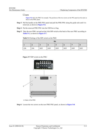 BTS3900
Site Maintenance Guide                                                              5 Replacing Components of the BTS3900


                            NOTE

                            Figure 5-6 takes the PMU for example. The positions of the two screws on the PSU panel are the same as
                            those on the PMU panel.

           Step 3 Pull the handle on the PMU/PSU panel and pull the PMU/PSU along the guide rails until it is
                  removed, as shown in Figure 5-6.
           Step 4 Put the removed PMU/PSU into the ESD box or bag.
           Step 5 Take the new PMU out and set the 8-bit DIP switch at the back of the new PMU according to
                  Table 5-1, as shown in Figure 5-7.

                    Table 5-1 Settings of the DIP switch on the PMU
                                                                          Bit

                        1            2             3            4            5             6            7             8

                        ON           ON            OFF          OFF          OFF           OFF          OFF           OFF




                    Figure 5-7 DIP switch on the PMU




                    (1) Back of the PMU


           Step 6 Loosen the two screws on the new PMU/PSU panel, as shown in Figure 5-8.




Issue 01 (2008-04-30)                      Huawei Proprietary and Confidential                                               5-11
                                         Copyright © Huawei Technologies Co., Ltd
 