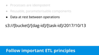 Follow important ETL principles
● Processes are idempotent
● Reusable, parameterisable components
● Data at rest between operations
s3://[bucket]/[dag-id]/[task-id]/2017/10/13
 