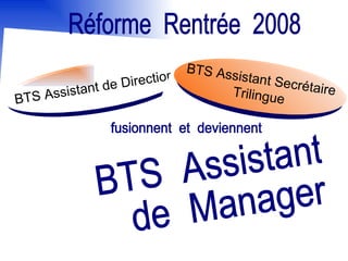 BTS  Assistant de  Manager Réforme  Rentrée  2008 fusionnent  et  deviennent  BTS Assistant de Direction BTS Assistant Secrétaire Trilingue 