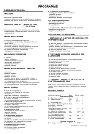PROGRAMME
ENSEIGNEMENT GENERAL
                                                                          H - la protection du consommateur
                                                                          •les obligations d’informer et de na pas forcer
1 FRANÇAIS                                                                •l’obligation de vendre
                                                                          •les clauses abusives
•techniques d’expression orale                                            •les garanties légales et conventionnelles
•préparation de l’épreuve écrite : synthèse (notée sur 40), écriture
personnelle avec analyse des documents proposés (notée sur 20)            I - la protection du consommateur
                                                                          •l’information de l’emprunteur
                                                                          •les mesures de protection
2 LANGUES VIVANTES : LV1 OBLIGATOIRE                                      •le surendettement
                    LV2 EN OPTION
              •
•acquisition de la langue orale dans le domaine professionnel
                                                                          J - le traitement des difficultés de paiement de la clientèle
                                                                          •les mesures conservatoires
                                                                          •les procédures collectives
•expression orale (à partir de documents écrits, audio ou vidéo)
•expression écrite
                                                                          ENSEIGNEMENT PROFESSIONNEL
3 ECONOMIE GENERALE
                                                                          1 GESTION DE LA CLIENTELE ET COMMUNICATION
•introduction à la connaissance économique                                PROFESSIONNELLE
•les acteurs de la vie économique et leurs comportements
•prix et revenus                                                          •la veille et la recherche d’informations sur l’environnement du métier
•la monnaie et le financement de l’économie                               •l’analyse du fonds de commerce
•évolution et analyse des grandeurs globales de l’économie                •l’analyse, la gestion et le développement d’un portefeuille de clients
•les formes d’organisation de l’activité économique                       •la mise en œuvre d’opérations commerciales
•les relations économiques internationales                                •la gestion de la relation clients
•développement et croissance                                              •l’analyse de l’activité et des résultats

4 ECONOMIE D’ENTREPRISE                                                   2 TECHNIQUES BANCAIRES DU MARCHE DES
                                                                          PARTICULIERS
•L’entreprise
•le savoir entreprendre                                                   •le suivi de l’évolution du marché bancaire des entreprises
•le fonctionnement de l’entreprise                                        •la connaissance du client particulier
•l’entreprise et ses systèmes                                             •l’ouverture de compte
•la stratégie de l’entreprise                                             •la gestion des moyens de paiement
•entreprise et société                                                    •la gestion des comptes de clients
                                                                          •la clôture de compte
5 ECONOMIE MONETAIRE ET BANCAIRE                                          •la vente de produits et services liés au compte
                                                                          •la vente de produits d’épargne bancaire et non bancaire
•la monnaie                                                               •la fiscalité du particulier
•le marché monétaire                                                      •la vente de crédit aux particuliers
•le marché financier                                                      •la vente de produits d’assurance
•le marché du crédit                                                      •la gestion du risque
•le marché des changes et les fonctions économiques
•le financement des retraites et les fonctions économiques                3 CONDUITE ET PRESENTATION D’ACTIVITES
•les institutions monétaires européennes                                  PROFESSIONNELLES (CPAP) :
•la monnaie unique européenne et ses fonctions économiques
•les institutions financières et économiques internationales              Cette épreuve vise à évaluer la capacité du candidat à mener des
                                                                          missions et des analyses à caractère professionnel dans le secteur
6 DROIT GENERAL                                                           bancaire.

A - Cadre de la vie juridique                                             REGLEMENT D’EXAMEN
•divisions du droit et sources du droit objectif
•la procédure
•la source et la preuve des droits subjectifs                             Intitulé des épreuves               Mode          Durée     coeff.
B - la mise en œuvre du contrôle bancaire                                                       Epreuves obligatoires
                                                                          E.1. Expression française           Ecrit          4h         3
•les organes de contrôle
                                                                          E.2. Langue vivante 1               Ecrit          2h         1
•les contraintes de gestion (liquidité, rentabilité, qualité, sécurité)
                                                                                                              Oral           20 min     1
C - Acteurs de la vie juridique
                                                                          E.3. Economie et droit
•la personnalité et la capacité juridique
                                                                          Sous épreuve : Economie générale Ecrit             3h         2
•les régimes matrimoniaux
                                                                          et économie d’entreprise
•les concepts juridiques d’entreprise et des société                      Sous épreuve :
•le statut des commerçants                                                Economie monétaire et bancaire      Ecrit          4h         3
D - les droits et les biens                                               - Droit général et bancaire
•classification des droits et des biens                                   E.4. Gestion de la clientèle et     Oral            0 h 30     1,5
•le droit de propriété                                                    Communication professionnelle       Ecrit           2h         1,5
•le fonds de commerce                                                     E.5. Techniques bancaires
E - les sources des obligations                                           Du marché des particuliers          Ecrit           5h         6
•les actes et les faits juridiques                                        E.6. Conduite et présentation
•les contrats                                                             D’activités professionnelles       Oral             0 h 40     3
•les délits et quasi-délits : notion de faute et de réparation
•les assurances dans le domaine de l’immobilier                                              Epreuve(s) facultative (s)
F - Donations et successions                                              E.F.1. Langue vivante 2          Oral               0 h 20     1
G - le cadre juridique des échanges
•Les principaux contrats                                                                                          (document non contractuel)
•les principaux moyens de paiement
•les garanties de paiement
 