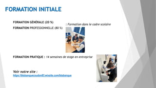 FORMATION INITIALE
FORMATION GÉNÉRALE (20 %)
FORMATION PROFESSIONNELLE (80 %)
FORMATION PRATIQUE : 14 semaines de stage en entreprise
: Formation dans le cadre scolaire
Voir notre site :
https://btsbanquecoudon83.wixsite.com/btsbanque
 