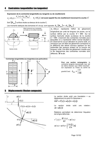 Page 13/102
4 Contraintes tangentielles (ou tangentes)
Expression de la contrainte tangentielle (ou tangente ou de cisaillement)
( )
( ) ( )y Gz sup
y
Gz
V x S D
b y
I
ττττ
×
× = ; ( )y b yττττ × est aussi appelé flux de cisaillement traversant la courbe C
Soit (((( ))))supD surface située au-dessus de la courbe C,
Les moments statiques des domaines inf. et sup. sont opposés. (((( )))) (((( ))))infGzsupGz DSDS −−−−====
GG
y
z
Section droite
y
b(y)
x
Coupure Ω
M
y b( y )ττττ ×
M' M
C
Effort normal dû aux contraintes
normales sur la surface hachurée y b( y )ττττ × représente l'effort de glissement
longitudinal par unité de longueur de poutre, sur la
surface définie par la courbe C = MM’. Sur la
surface hachurée située au-dessus de la courbe
C = MM’, s’exercent des contraintes normales pour
lesquelles on a représenté l’effort normal résultant.
En observant la vue en élévation du prisme isolé, on
remarque que cet effort de glissement correspond à
la différence des efforts normaux agissant sur les
extrémités (les sections droites) de ce tronçon de
longueur unité. Cet effort de glissement n'existe que
si les diagrammes des contraintes normales sont
différents cteM ≠≠≠≠ .
Contraintes tangentielles (ou tangentes) (cas particuliers)
G
z
b
h
y
V ττττ
y
maxττττ
y
Pour une section rectangulaire, la
contrainte tangente transversale max. est
de même direction que l’effort tranchant :
son expression au niveau du centre de
gravité G est :
bh
V
max
2
3
====ττττ
5 Déplacements (flexion composée).
(((( ))))xΩΩΩΩ
(((( ))))xG
x
(((( ))))x'ΩΩΩΩ
(((( ))))x'G
z x
y
(((( ))))zxωωωω
(((( ))))zxωωωω
(((( )))) (((( )))) (((( ))))yxvxxuxU ++++====
La section droite subit une translation = au
déplacement du point G d’abscisse x :
(((( )))) (((( )))) (((( ))))yxvxxuxU'GG ++++========
La section droite subit une rotation :
(((( ))))zxωωωωωωωω ====
Relations permettant de déterminer l’équation
de la ligne déformée :
( )'' 'M ( x )
v x ( x )
EI
ωωωω= =
0
0
x
N( )
u( x ) u( ) d
EA
ξξξξ
ξξξξ= + ∫
 