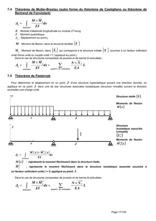 Page 17/102
7.4 Théorème de Muller-Breslau (autre forme du théorème de Castigliano ou théorème de
Bertrand de Fonviolant)
j
j
structure
M M
dx
EI
∆∆∆∆
×
= ∫
E : Module d’élasticité longitudinale ou module d’Young
I : Moment quadratique
∆ j : Déplacement au point j,
: Moment de flexion, dans la structure étudiée ( )S
M j : Moment de flexion, dans ( )Sj qui correspond à la structure initiale ( )S soumise à un facteur sollicitant
unité (force unité ou couple unité =1 ) appliqué au point j.
Dans le cas de structures composées de poutres et de barres bi-articulées :
jj
j
poutres bi articuléesstructure
M M N N
dx L
EI EA
∆∆∆∆
−
× ×
= + ∑∫
7.5 Théorème de Pasternak
Pour déterminer le déplacement en un point J d’une structure hyperstatique suivant une direction donnée, on
applique en ce point J dans une de ses structures associées isostatiques (structure virtuelle) suivant la direction
souhaitée une charge unité.
y
x J
Structure réelle (((( ))))S
Moments de flexion
(((( ))))xM
y
x J
1
Structure
isostatique associée
(virtuelle)
(((( ))))0
JS
Moments de flexion
(((( ))))xMJ
0
( ) ( )0
j
j
structure
M x M x
dx
EI
∆∆∆∆
×
= ∫
(((( ))))xM : représente le moment fléchissant dans la structure réelle.
0
jM : représente le moment fléchissant dans la structure isostatique associée soumise à
un facteur sollicitant unité ( = 1) appliqué au point J .
Dans le cas de structures composées de poutres et de barres bi-articulées :
00
jj
j
poutres bi articuléesstructure
M M N N
dx L
EI EA
∆∆∆∆
−
× ×
= + ∑∫
M
 