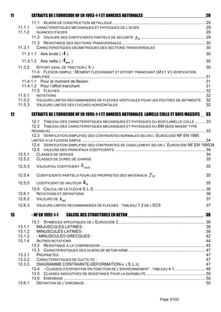 Page 3/102
11 EXTRAITS DE L’EUROCODE NF EN 1993-1-1 ET ANNEXES NATIONALES _________________________28
11.1 ACIERS DE CONSTRUCTION METALLIQUE................................................................................ 29
11.1.1 CARACTERISTIQUES MECANIQUES ET PHYSIQUES DE L’ACIER 29
11.1.2 NUANCES D'ACIER 29
11.2 VALEURS DES COEFFICIENTS PARTIELS DE SECURITE Mγγγγ ....................................................... 29
11.3 RESISTANCE DES SECTIONS TRANSVERSALES........................................................................ 30
11.3.1 CARACTERISTIQUES GEOMETRIQUES DES SECTIONS TRANSVERSALES 30
11.3.1.1 Aire brute ( A ) 30
11.3.1.2 Aire nette ( netA ) 30
11.3.2 EFFORT AXIAL DE TRACTION ( N ) 30
11.4 FLEXION SIMPLE : MOMENT FLECHISSANT ET EFFORT TRANCHANT (M ET V) VERIFICATION
SIMPLIFIEE ..................................................................................................................................... 31
11.4.1.1 Pour le moment de flexion : 31
11.4.1.2 Pour l’effort tranchant 31
11.5 FLECHES ............................................................................................................................. 32
11.5.1 NOTATIONS 32
11.5.2 VALEURS LIMITES RECOMMANDEES DE FLECHES VERTICALES POUR LES POUTRES DE BATIMENTS 32
11.5.3 VALEURS LIMITES DES FLECHES HORIZONTALES 32
12 EXTRAITS DE L’EUROCODE NF EN 1995-1-1 ET ANNEXES NATIONALES LAMELLE COLLE ET BOIS MASSIFS _ 33
12.1 TABLEAU DES CARACTERISTIQUES MECANIQUES ET PHYSIQUES DU BOIS LAMELLE COLLE ......... 33
12.2 TABLEAU DES CARACTERISTIQUES MECANIQUES ET PHYSIQUES DU BM (BOIS MASSIF TYPE
RESINEUX) ..................................................................................................................................... 33
12.3 VERIFICATION SIMPLIFIEE DES CONTRAINTES NORMALES SELON L’ EUROCODE NF EN 1995
LIMITEE A LA FLEXION SIMPLE .......................................................................................................... 34
12.4 VERIFICATION SIMPLIFIEE DES CONTRAINTES DE CISAILLEMENT SELON L’ EUROCODE NF EN 199534
12.5 VALEURS DES PRINCIPAUX COEFFICIENTS .............................................................................. 34
12.5.1 CLASSES DE SERVICE 34
12.5.2 CLASSES DE DUREE DE CHARGE 35
12.5.3 VALEUR DU COEFFICIENT modk 35
12.5.4 COEFFICIENTS PARTIELS POUR LES PROPRIETES DES MATERIAUX Mγ 35
12.5.5 COEFFICIENT DE HAUTEUR hk 35
12.6 CALCUL DE LA FLECHE E.L.S. ............................................................................................... 36
12.6.1 NOTATIONS ET DEFINITIONS 36
12.6.2 VALEURS DE defk 37
12.6.3 VALEURS LIMITES RECOMMANDEES DE FLECHES : TABLEAU 7.2 DE L’EC5 37
13 - NF EN 1992-1-1 CALCUL DES STRUCTURES EN BETON_______________________________ 38
13.1 SYMBOLES SPECIFIQUES DE L’EUROCODE 2........................................................................... 38
13.1.1 MAJUSCULES LATINES : 38
13.1.2 MINUSCULES LATINES : 39
13.1.3 - MINUSCULES GRECQUES : 42
13.1.4 AUTRES NOTATIONS 44
13.2 RESISTANCE A LA COMPRESSION :......................................................................................... 45
13.3 CARACTERISTIQUES DES ACIERS DE BETON ARME .................................................................. 47
13.3.1 PROPRIETES 47
13.3.2 CARACTERISTIQUES DE DUCTILITE : 47
13.3.3 DIAGRAMME CONTRAINTE-DEFORMATION A L'E.L.U. 47
13.4 - CLASSES D’EXPOSITION EN FONCTION DE L’ENVIRONNEMENT : TABLEAU 4.1 .......................... 48
13.5 CLASSES INDICATIVES DE RESISTANCE POUR LA DURABILITE................................................... 50
13.6 ENROBAGE .......................................................................................................................... 50
13.6.1 DEFINITION DE L’ENROBAGE : 50
 
