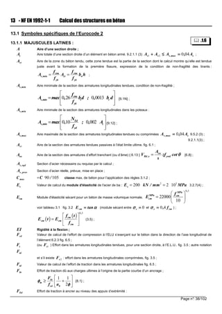 Page n°: 38/102
13 - NF EN 1992-1-1 Calcul des structures en béton
13.1 Symboles spécifiques de l’Eurocode 2
13.1.1 MAJUSCULES LATINES :
A Aire d’une section droite ;
Ac Aire totale d’une section droite d’un élément en béton armé. 9.2.1.1 (3) c,maxsss A,AAA 04021 ====≤≤≤≤++++ ;
ctA Aire de la zone du béton tendu, cette zone tendue est la partie de la section dont le calcul montre qu’elle est tendue
juste avant la formation de la première fissure, expression de la condition de non-fragilité des tirants :
ctm ctm
s,min ct w
yk yk
f f
A A b h
f f
= = ;
As,min Aire minimale de la section des armatures longitudinales tendues, condition de non-fragilité ;
0 26 0 0013ctm
s,min t t
yk
f
A max , bd ; , b d
f
 
=  
  
{9.1N} ;
As,min Aire minimale de la section des armatures longitudinales dans les poteaux :
0 10 0 002Ed
s,min c
yd
N
A max , ; , A
f
 
=  
  
{9.12} ;
,maxsA Aire maximale de la section des armatures longitudinales tendues ou comprimées c,maxs A,A 040==== 9.5.2 (3) ;
9.2.1.1(3) ;
1sA Aire de la section des armatures tendues passives à l’état limite ultime. fig. 6.1 ;
Asw Aire de la section des armatures d’effort tranchant (ou d’âme) { 6.13 }
sw
Rd ,s ywd
A
V zf cot
s
θθθθ= {6.8} ;
s ,rqdA Section d’acier nécessaire ou requise par le calcul ;
s , provA Section d’acier réelle, prévue, mise en place ;
maxC = 10590 /C classe max. de béton pour l’application des règles 3.1.2 ;
Es Valeur de calcul du module d'élasticité de l'acier de ba :
2 5
200 2 10sE kN / mm MPa= = 3.2.7(4) ;
Ecm Module d'élasticité sécant pour un béton de masse volumique normale.
0 3
22000
10
,
MPa
MPa cm
cm
f
E
 
=  
 
voir tableau 3.1 fig. 3.2 ααααtanEcm ==== (module sécant entre 0====cσσσσ et cmc f,40====σσσσ ) ;
( )
( )
0 3,
cm
cm cm
cm
f t
E t E
f
 
=  
 
(3.5) ;
EI Rigidité à la flexion ;
cdF Valeur de calcul de l’effort de compression à l’ELU s’exerçant sur le béton dans la direction de l’axe longitudinal de
l’élément 6.2.3 fig. 6.5 ;
Fs (ou 1sF ) Effort dans les armatures longitudinales tendues, pour une section droite, à l’E.L.U.. fig. 3.5 ; autre notation
tdF
et s’il existe 2sF : effort dans les armatures longitudinales comprimées, fig. 3.5 ;
tdF Valeur de calcul de l’effort de traction dans les armatures longitudinales fig. 6.5 ;
btF Effort de traction dû aux charges ultimes à l’origine de la partie courbe d’un ancrage ;
1 1
2
bt
m
cd b
F
f a
φφφφ
φφφφ
 
≥ + 
 
{8.1} ;
EdF Effort de traction à ancrer au niveau des appuis d’extrémité :
.1.6
 