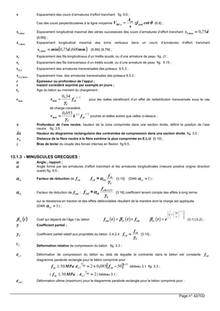 Page n°: 42/102
s Espacement des cours d’armatures d’effort tranchant fig. 6.5 ;
Cas des cours perpendiculaires à la ligne moyenne
sw
Rd ,s ywd
A
V zf cot
s
θθθθ= {6.8} ;
max,ls Espacement longitudinal maximal des séries successives des cours d’armatures d’effort tranchant d,s max,l 750====
{9.6N} ;
,maxts Espacement longitudinal maximal des brins verticaux dans un cours d’armatures d’effort tranchant
(((( ))))mm;d,mins max,t 600750==== {9.8N} {9.7N} ;
sl Espacement des fils longitudinaux d’un treillis soudé, ou d’une armature de peau fig. J1 ;
st Espacement des fils transversaux d’un treillis soudé, ou d’une armature de peau fig. 5.15 ;
cl ,ts Espacement des armatures transversales des poteaux 9.5.3 ;
cl ,t maxs Espacement max. des armatures transversales des poteaux 9.5.3 ;
t Épaisseur ou profondeur de l’appui ;
t Instant considéré exprimé par exemple en jours ;
0t Age du béton au moment du chargement ;
minv
1 20 34 /
min ck
C
,
v f
γγγγ
= pour les dalles bénéficiant d’un effet de redistribution transversale sous le cas
de charge considéré.
21230530 /
ck
C
min fk
,
v
γγγγ
==== poutres et dalles autres que celles ci-dessus ;
x Profondeur de l’axe neutre, hauteur de la zone comprimée dans une section droite, définit la position de l’axe
neutre fig. 3.5 ;
xλλλλ Hauteur du diagramme rectangulaire des contraintes de compression dans une section droite, fig. 3.5 ;
ux Distance de la fibre neutre à la fibre extrême la plus comprimée en E.L.U {5.10} ;
z Bras de levier du couple des forces internes en flexion fig 6.5 .
13.1.3 - MINUSCULES GRECQUES :
αααα Angle ; rapport ;
αααα Angle formé par les armatures d’effort tranchant et les armatures longitudinales (mesure positive origine direction
ouest) fig. 6.5 ;
ccαααα Facteur de réduction de cdf
C
ck
cd
f
f
γγγγ
ααααcc= {3.15} (DAN 1====ccαααα ) ;
ctαααα Facteur de réduction de ctdf :
C
,,ctk
ctd
f
f
γγγγ
αααα 050
ct= {3.16} coefficient tenant compte des effets à long terme
sur la résistance en traction et des effets défavorables résultant de la manière dont la charge est appliquée
(DAN 1====ctαααα ) ;
(((( ))))tccββββ Coef qui dépend de l’âge t du béton ( ) ( ) ( )
1 2
28
1
/
s
t
cm cc cm ccf t t f t eβ ββ ββ ββ β
    
 −  
     
= × = (3.1) (3.2) ;
γγγγ Coefficient partiel ;
Cγγγγ Coefficient partiel relatif aux propriétés du béton 2.4.2.4
C
ck
cd
f
f
γγγγ
==== {3.15} ;
εc Déformation relative de compression du béton fig. 3.3 ;
2cεεεε Déformation de compression du béton au delà de laquelle la contrainte dans le béton est constante cdf
diagramme parabole rectangle pour le béton comprimé pour
50ckf MPa≥ [[[[ ]]]] 530
00
0
2 5008502
,
ckc f, −−−−++++====εεεε tableau 3.1 fig. 3.3 ;
( 50ckf MPa≤ ; 200
0
2 ====cεεεε ) tableau 3.1 ;
2cuεεεε Déformation ultime (maximum) pour le diagramme parabole rectangle pour le béton comprimé pour :
 