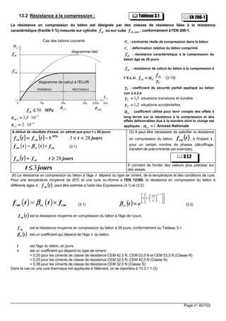 Page n°: 45/102
13.2 Résistance à la compression :
La résistance en compression du béton est désignée par des classes de résistance liées à la résistance
caractéristique (fractile 5 %) mesurée sur cylindre fck ou sur cube cube,ckf , conformément à l'EN 206-1.
Cas des bétons courants
0 1‰ 2‰ 3‰ 3,5‰ (‰)
PARABOLE RECTANGLE
diagramme réel
diagramme de calcul à l'ELUR
cdf
fck
σc
2cεεεε 2cuεεεε
εc
MPafck 50≤≤≤≤
3
2 1053 −−−−
==== ,cuεεεε
3
2 102 −−−−
====cεεεε
σc : contrainte réelle de compression dans le béton
εc : déformation relative du béton comprimé
fck : résistance caractéristique à la compression du
béton âgé de 28 jours
fcd : résistance de calcul du béton à la compression à
l' E.L.U.
C
ck
cccd
f
f
γγγγ
αααα==== {3.15}
Cγγγγ : coefficient de sécurité partiel appliqué au béton
voir 2.4.2.4
51,C ====γγγγ situations transitoire et durable
21,C ====γγγγ situations accidentelles
ccαααα : coefficient utilisé pour tenir compte des effets à
long terme sur la résistance à la compression et des
effets défavorables dus à la manière dont la charge est
appliquée : 1====ccαααα Annexe Nationale
A défaut de résultats d'essai, on admet que pour t ≤≤≤≤ 28 jours:
(((( )))) (((( )))) joursttftf MPa
cmck 2838 <<<<<<<<−−−−====
( ) ( )cm cc cmf t t fββββ= × (3.1)
(((( )))) jourstftf ckck 28≥≥≥≥====
(5) II peut être nécessaire de spécifier la résistance
en compression du béton, , à l'instant t ,
pour un certain nombre de phases (décoffrage,
transfert de précontrainte par exemple).
jourst 3≤≤≤≤ II convient de fonder des valeurs plus précises sur
des essais.
(6) La résistance en compression du béton à l'âge t dépend du type de ciment, de la température et des conditions de cure.
Pour une température moyenne de 20°C et une cure co nforme à l'EN 12390, la résistance en compression du béton à
différents âges t , , peut être estimée à l'aide des Expressions (3.1) et (3.2).
( ) ( )cm cc cmf t t fββββ= × (3.1) (((( )))) 





















−−−−
====
21
28
1
/
t
s
cc etββββ (3.2)
est la résistance moyenne en compression du béton à l'âge de t jours
cmf est la résistance moyenne en compression du béton à 28 jours, conformément au Tableau 3.1
(((( ))))tccββββ est un coefficient qui dépend de l'âge t du béton.
t est l'âge du béton, en jours
s est un coefficient qui dépend du type de ciment :
= 0,20 pour les ciments de classe de résistance CEM 42,5 R, CEM 53,5 N et CEM 53,5 R (Classe R)
= 0,25 pour les ciments de classe de résistance CEM 32,5 R, CEM 42,5 N (Classe N)
= 0,38 pour les ciments de classe de résistance CEM 32,5 N (Classe S)
Dans le cas où une cure thermique est appliquée à l'élément, on se reportera à 10.3.1.1 (3).
(((( ))))tfcm
(((( ))))tfcm
(((( ))))tfcm
Tableau 3.1 EN 206-1
3.1.2
 