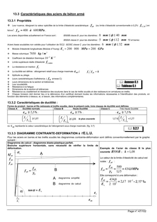 Page n°: 47/102
13.3 Caractéristiques des aciers de béton armé
13.3.1 Propriétés
Leur nuance, désignant la valeur spécifiée de la limite d'élasticité caractéristique : fyk (ou limite d’élasticité conventionnelle à 0,2% : k,f 20 ) en
N/mm2
. MPaàf yk 600400==== ,
Les aciers disponibles actuellement en France sont : B500B classe B pour les diamètres : 8 40mm mmφφφφ≤ ≤
B500A classe A pour les diamètres : 5 12mm mmφφφφ≤ ≤ TS et barres
Aciers lisses soudables non validés pour l’utilisation de l’EC2 : B235C classe C pour les diamètres : 6 32mm mmφφφφ≤ ≤
Module d’élasticité longitudinale (Module d’Young) 200 000 200sE MPa GPa= =
Masse volumique
3
7850 m/kg
Coefficient de dilatation thermique
15
10 −−−−−−−−
K
Limite supérieure réelle d'élasticité ,maxyf
La résistance en traction tf
La ductilité est définie : allongement relatif sous charge maximale ;ukεεεε t ykf f k=
Aptitude au pliage.
Leurs caractéristiques d’adhérence. ( Rf annexe C)
Leurs dimensions de la section et tolérances
Leur soudabilité.
Résistance à la fatigue
Dimensions de la section et tolérances
Résistance au cisaillement et résistance des soudures dans le cas de treillis soudés et des raidisseurs en armatures en treillis.
Chaque livraison doit donner lieu à la délivrance d'un certificat donnant toutes les informations nécessaires à l'identification des produits, en
fonction des éléments ci-dessus, et, si besoin, des informations complémentaires.
13.3.2 Caractéristiques de ductilité :
Forme du produit : barres et fils redressés et treillis soudés, dans le présent code, trois classes de ductilité sont définies
Classe A Ductilité normale Classe B Haute Ductilité Classe C Très Haute Ductilité
%,uk 52≥≥≥≥εεεε ; %uk 5≥≥≥≥εεεε ; : %,uk 57≥≥≥≥εεεε
051,
f
f
ky
t ≥≥≥≥





081,
f
f
ky
t ≥≥≥≥




 la plus courante 351151 ,
f
f
,
ky
t <<<<





≤≤≤≤
où εuk représente la valeur caractéristique de l'allongement sous charge maximale. (fig. 3.7)
13.3.3 DIAGRAMME CONTRAINTE-DEFORMATION à l'E.L.U.
Pour les aciers en barres et les treillis soudés les diagrammes contrainte-déformation sont définis conventionnellement par le graphe
suivant :
Diagramme de calcul : diagramme élasto-plastique parfait.
Branche supérieure horizontale, sans nécessité de vérifier la limite de
déformation.
α
ydf
ykf
sEtan ====αααα
s
yd
E
f
ukεεεε
A
B
diagramme simplifié
diagramme de calcul
sσσσσ
sεεεε
A
B
ykkf
S
yk
yd
f
f
γγγγ
====
Exemple de l’acier de classe B la plus
courante 500B B ; 1 08k ,=
La valeur de la limite d’élasticité de calcul est
notée : ydf :
MPa,
,
f
f
S
yk
yd 8434
151
500
============
γγγγ
Elle correspond à une déformation :
3
5
10172
102
8434 −−−−
======== ,
,
E
f
s
yd
= 2,17 ‰
3.2.7
Annexe C.1
Tableau C.1
 