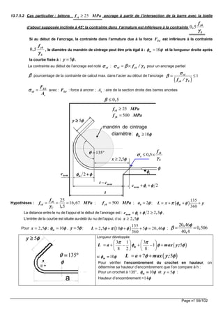 Page n°: 59/102
13.7.5.2 Cas particulier : bétons 25ckf MPa≥ ancrage à partir de l’intersection de la barre avec la bielle
d’about supposée inclinée à 45°, la contrainte dans l’armature est inférieure à la contrainte 0 5
yk
S
f
,
γγγγ
Si au début de l’ancrage, la contrainte dans l’armature due à la force EdF est inférieure à la contrainte
0 5
yk
S
f
,
γγγγ
, le diamètre du mandrin de cintrage peut être pris égal à : 10mφ φφ φφ φφ φ= et la longueur droite après
la courbe fixée à : 5y φφφφ= .
La contrainte au début de l’ancrage est noté sdσσσσ : sd yk Sf /σ β γσ β γσ β γσ β γ= × pour un ancrage partiel
ββββ pourcentage de la contrainte de calcul max. dans l’acier au début de l’ancrage
( )
1sd
yk Sf /
σσσσ
ββββ
γγγγ
= ≤
Ed
sd
s
F
A
σσσσ = avec : EdF : force à ancrer ; sA : aire de la section droite des barres ancrées
0 5,ββββ ≤
Hypothèses :
25
16 67
1 5
ck
cd
C
f
f , MPa
,γγγγ
= = = ; 500ykf MPa= ; 2ba φφφφ= ; ( )
135
360
mL x yπ φ φπ φ φπ φ φπ φ φ= + + +
La distance entre le nu de l’appui et le début de l’ancrage est : 2 2 5nom tc ,φ φ φφ φ φφ φ φφ φ φ+ + ≥ ,
L’entrée de la courbe est située au-delà du nu de l’appui, d’où 2 5x , φφφφ≥
Pour 2 5x , φφφφ= ; 10mφ φφ φφ φφ φ= , 5y φφφφ= : ( )
135
2 5 10 5 20 46
360
L , ,φ π φ φ φ φφ π φ φ φ φφ π φ φ φ φφ π φ φ φ φ= + + + = ;
20 46
0 506
40 4
,
,
,
φφφφ
ββββ = =
θ
a
φφφφ
°°°°====135θθθθ
φφφφ5≥≥≥≥y Longueur développée
( )
3 1 3
1 5
8 2 8
mL a max y;
π ππ ππ ππ π
φ φ φφ φ φφ φ φφ φ φ
   
= + − + − +   
   
si φφφφφφφφ 10====m ( )7 5L a max y;φ φφ φφ φφ φ= + +
Pour vérifier l’encombrement du crochet en hauteur, on
détermine sa hauteur d’encombrement que l’on compare à h :
Pour un crochet à 135°, φφφφφφφφ 10====m et 5y φφφφ= :
Hauteur d’encombrement =14φφφφ
φφφφ5≥≥≥≥y
φφφφφφφφ ++++2m
mandrin de cintrage
diamètre:
tφφφφ
φφφφ
°=135θθθθ
φφφφφφφφ 10≥m
MPafck 25≥
MPafyk 500=
S
yk
s
f
,
γγγγ
σσσσ ×≤ 50
nomc
nomct −
t
φφφφ52,x ≥
2φφφφφφφφ ++ tnomc
 