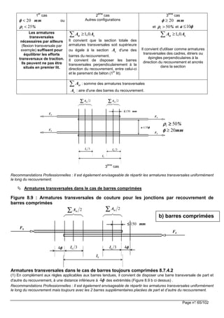 Page n°: 65/102
1
er
cas
20 mmφφφφ < ou
1 25%ρρρρ <
2
ème
cas
Autres configurations
3
ème
cas
20 mmφφφφ ≥
et 1 50%ρρρρ > et 10a φφφφ≤
Les armatures
transversales
nécessaires par ailleurs
(flexion transversale par
exemple) suffisent pour
équilibrer les efforts
transversaux de traction.
Ils peuvent ne pas être
situés en premier lit.
1 0st sA , A≥∑
Il convient que la section totale des
armatures transversales soit supérieure
ou égale à la section d'une des
barres du recouvrement.
Il convient de disposer les barres
transversales perpendiculairement à la
direction du recouvrement, entre celui-ci
et le parement de béton (1
er
lit).
1 0st sA , A≥∑
Il convient d'utiliser comme armatures
transversales des cadres, étriers ou
épingles perpendiculaires à la
direction du recouvrement et ancrés
dans la section
stA∑ : somme des armatures transversales
sA : aire d'une des barres du recouvrement.
3
ème
cas
Recommandations Professionnelles : Il est également envisageable de répartir les armatures transversales uniformément
le long du recouvrement.
Armatures transversales dans le cas de barres comprimées
Figure 8.9 : Armatures transversales de couture pour les jonctions par recouvrement de
barres comprimées
Armatures transversales dans le cas de barres toujours comprimées 8.7.4.2
(1) En complément aux règles applicables aux barres tendues, il convient de disposer une barre transversale de part et
d'autre du recouvrement, à une distance inférieure à φφφφ4 des extrémités (Figure 8.9 b ci dessus) .
Recommandations Professionnelles : Il est également envisageable de répartir les armatures transversales uniformément
le long du recouvrement mais toujours avec les 2 barres supplémentaires placées de part et d’autre du recouvrement.
sA
SF
SF
2∑∑∑∑ stA 2∑∑∑∑ stA
mm150≤≤≤≤
SF
30l 30l
0l
SF
%501 ≥≥≥≥ρρρρ
mm20≥φφφφ
φφφφ10≤a
SF
SF
mm150≤≤≤≤
2∑∑∑∑ stA 2∑∑∑∑ stA
φφφφ430l 30lφφφφ4
0l
b) barres comprimées
 