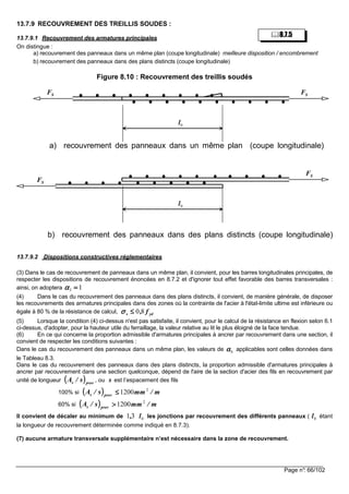 Page n°: 66/102
13.7.9 RECOUVREMENT DES TREILLIS SOUDES :
13.7.9.1 Recouvrement des armatures principales
On distingue :
a) recouvrement des panneaux dans un même plan (coupe longitudinale) meilleure disposition / encombrement
b) recouvrement des panneaux dans des plans distincts (coupe longitudinale)
Figure 8.10 : Recouvrement des treillis soudés
SFSF
0l
SF
SF
0l
b) recouvrement des panneaux dans des plans distincts (coupe longitudinale)
a) recouvrement des panneaux dans un même plan (coupe longitudinale)
13.7.9.2 Dispositions constructives réglementaires
(3) Dans le cas de recouvrement de panneaux dans un même plan, il convient, pour les barres longitudinales principales, de
respecter les dispositions de recouvrement énoncées en 8.7.2 et d'ignorer tout effet favorable des barres transversales :
ainsi, on adoptera
(4) Dans le cas du recouvrement des panneaux dans des plans distincts, il convient, de manière générale, de disposer
les recouvrements des armatures principales dans des zones où la contrainte de l'acier à l'état-limite ultime est inférieure ou
égale à 80 % de la résistance de calcul,
(5) Lorsque la condition (4) ci-dessus n'est pas satisfaite, il convient, pour le calcul de la résistance en flexion selon 6.1
ci-dessus, d'adopter, pour la hauteur utile du ferraillage, la valeur relative au lit le plus éloigné de la face tendue.
(6) En ce qui concerne la proportion admissible d'armatures principales à ancrer par recouvrement dans une section, il
convient de respecter les conditions suivantes :
Dans le cas du recouvrement des panneaux dans un même plan, les valeurs de 6αααα applicables sont celles données dans
le Tableau 8.3.
Dans le cas du recouvrement des panneaux dans des plans distincts, la proportion admissible d'armatures principales à
ancrer par recouvrement dans une section quelconque, dépend de l'aire de la section d'acier des fils en recouvrement par
unité de longueur , ou est l’espacement des fils
100% si
60% si
Il convient de décaler au minimum de les jonctions par recouvrement des différents panneaux ( étant
la longueur de recouvrement déterminée comme indiqué en 8.7.3).
(7) aucune armature transversale supplémentaire n’est nécessaire dans la zone de recouvrement.
13 ====αααα
yds f,80≤≤≤≤σσσσ
(((( ))))provs s/A s
(((( ))))provs s/A m/mm2
1200≤≤≤≤
(((( ))))provs s/A m/mm2
1200>>>>
031 l, 0l
8.7.5
 