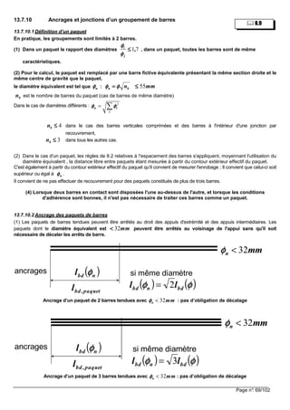 Page n°: 69/102
13.7.10 Ancrages et jonctions d’un groupement de barres
13.7.10.1 Définition d’un paquet
En pratique, les groupements sont limités à 2 barres.
(1) Dans un paquet le rapport des diamètres , dans un paquet, toutes les barres sont de même
caractéristiques.
(2) Pour le calcul, le paquet est remplacé par une barre fictive équivalente présentant la même section droite et le
même centre de gravité que le paquet.
le diamètre équivalent est tel que : mm55≤≤≤≤
est le nombre de barres du paquet (cas de barres de même diamètre)
Dans le cas de diamètres différents : 2
n i
i
φ φφ φφ φφ φ= ∑
dans le cas des barres verticales comprimées et des barres à l'intérieur d'une jonction par
recouvrement,
dans tous les autres cas.
(2) Dans le cas d'un paquet, les règles de 8.2 relatives à !'espacement des barres s'appliquent, moyennant l'utilisation du
diamètre équivalent , la distance libre entre paquets étant mesurée à partir du contour extérieur effectif du paquet.
C'est également à partir du contour extérieur effectif du paquet qu'il convient de mesurer l'enrobage ; Il convient que celui-ci soit
supérieur ou égal à nφφφφ .
II convient de ne pas effectuer de recouvrement pour des paquets constitués de plus de trois barres.
(4) Lorsque deux barres en contact sont disposées l'une au-dessus de l'autre, et lorsque les conditions
d'adhérence sont bonnes, il n'est pas nécessaire de traiter ces barres comme un paquet.
13.7.10.2 Ancrage des paquets de barres
(1) Les paquets de barres tendues peuvent être arrêtés au droit des appuis d'extrémité et des appuis intermédiaires. Les
paquets dont le diamètre équivalent est peuvent être arrêtés au voisinage de l'appui sans qu'il soit
nécessaire de décaler les arrêts de barre.
Ancrage d’un paquet de 2 barres tendues avec 32n mmφφφφ < : pas d’obligation de décalage
Ancrage d’un paquet de 3 barres tendues avec 32n mmφφφφ < : pas d’obligation de décalage
71,
j
i
≤≤≤≤
φφφφ
φφφφ
nφφφφ bn nφφφφφφφφ ====
bn
4≤≤≤≤bn
3≤≤≤≤bn
mm32<<<<
( )nbdl φφφφancrages
paquet,bdl
si même diamètre
mmn 32<φφφφ
( ) ( )φφφφφφφφ bdnbd ll 2=
( )nbdl φφφφancrages
paquet,bdl
si même diamètre
( ) ( )φφφφφφφφ bdnbd ll 3=
mmn 32<φφφφ
8.9
 