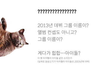 ????????????????
2013년 데뷔 그룹 이름이?
앨범 컨셉도 아니고?
그룹 이름이?
게다가 힙합…아이돌?
이 웬 아카펠라 아이돌 같은 소리인가
(실제로 동방신기가 아카펠라 아이돌로 2003년에 데뷔)
 