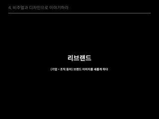 리브랜드
4. 비주얼과 디자인으로 이야기하라
(기업・조직 등이) 브랜드 이미지를 새롭게 하다
 