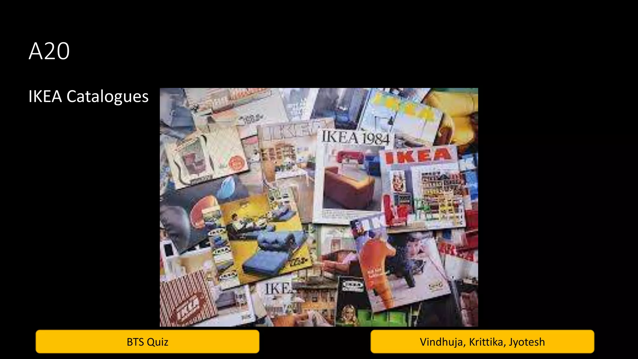 BTS Quiz Vindhuja, Krittika, Jyotesh
A20
IKEA Catalogues
 